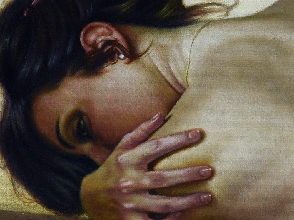 Sandro Bastioli. Italian hyperrealistic painter: artwork depicting nude woman tricolor drape. An artwork of incredible material realism. Detail 1