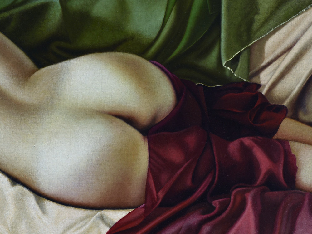 Sandro Bastioli. Italian hyperrealistic painter: artwork depicting nude woman tricolor drape. An artwork of incredible material realism. Detail 2