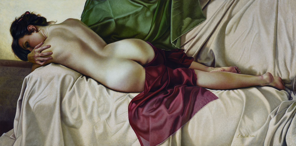 Sandro Bastioli. Italian hyperrealistic painter: artwork depicting nude woman tricolor drape. An artwork of incredible material realism. Interior