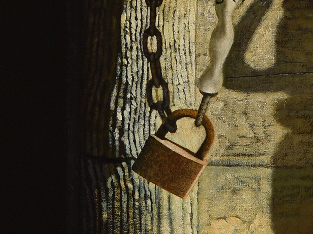 Sandro Bastioli. Italian hyperrealistic painter: artwork depicting door in half-light. An artwork of incredible material realism. Detail 1