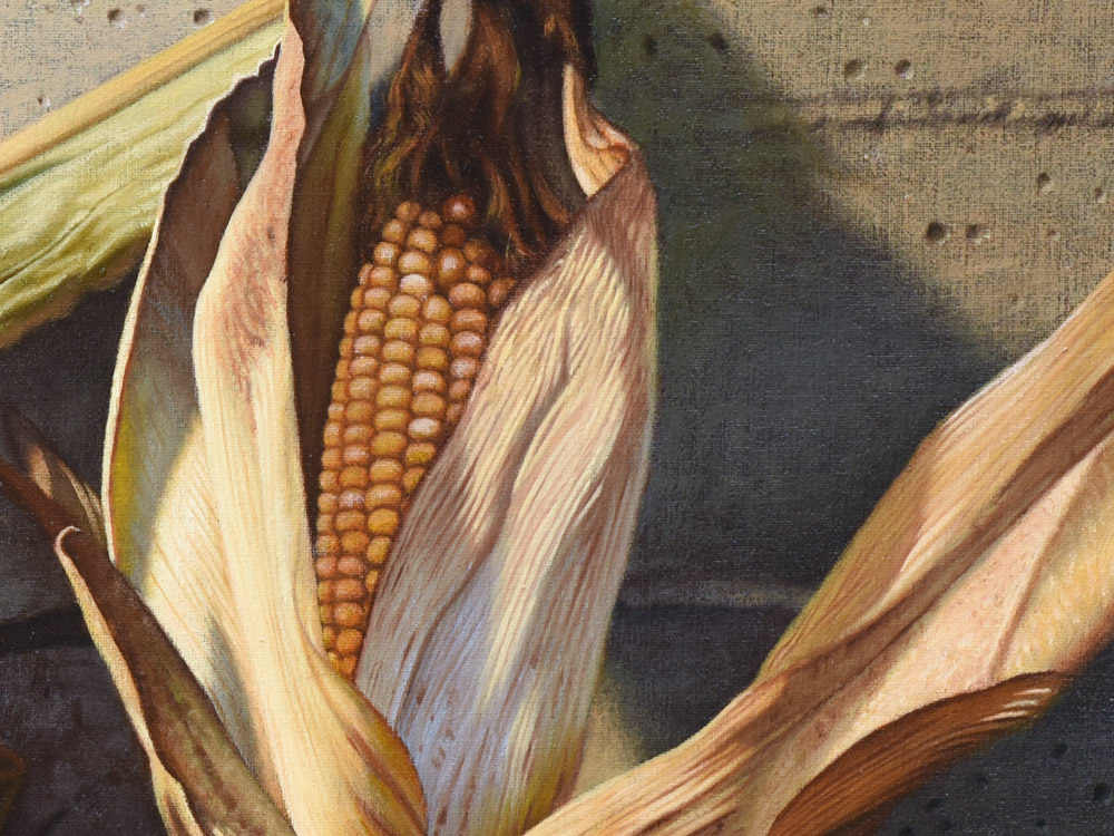 Sandro Bastioli. Hyperrealistic still life painting: artwork depicting corn cobs resting on stone. Celebration of light and material details. Detail 1