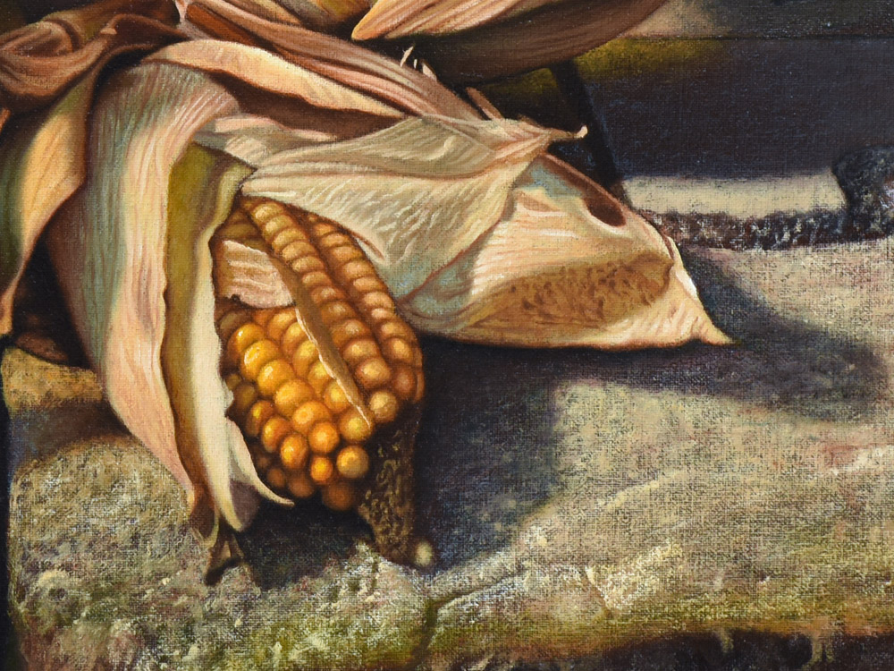 Sandro Bastioli. Hyperrealistic still life painting: artwork depicting corn cobs resting on stone. Celebration of light and material details. Detail 2