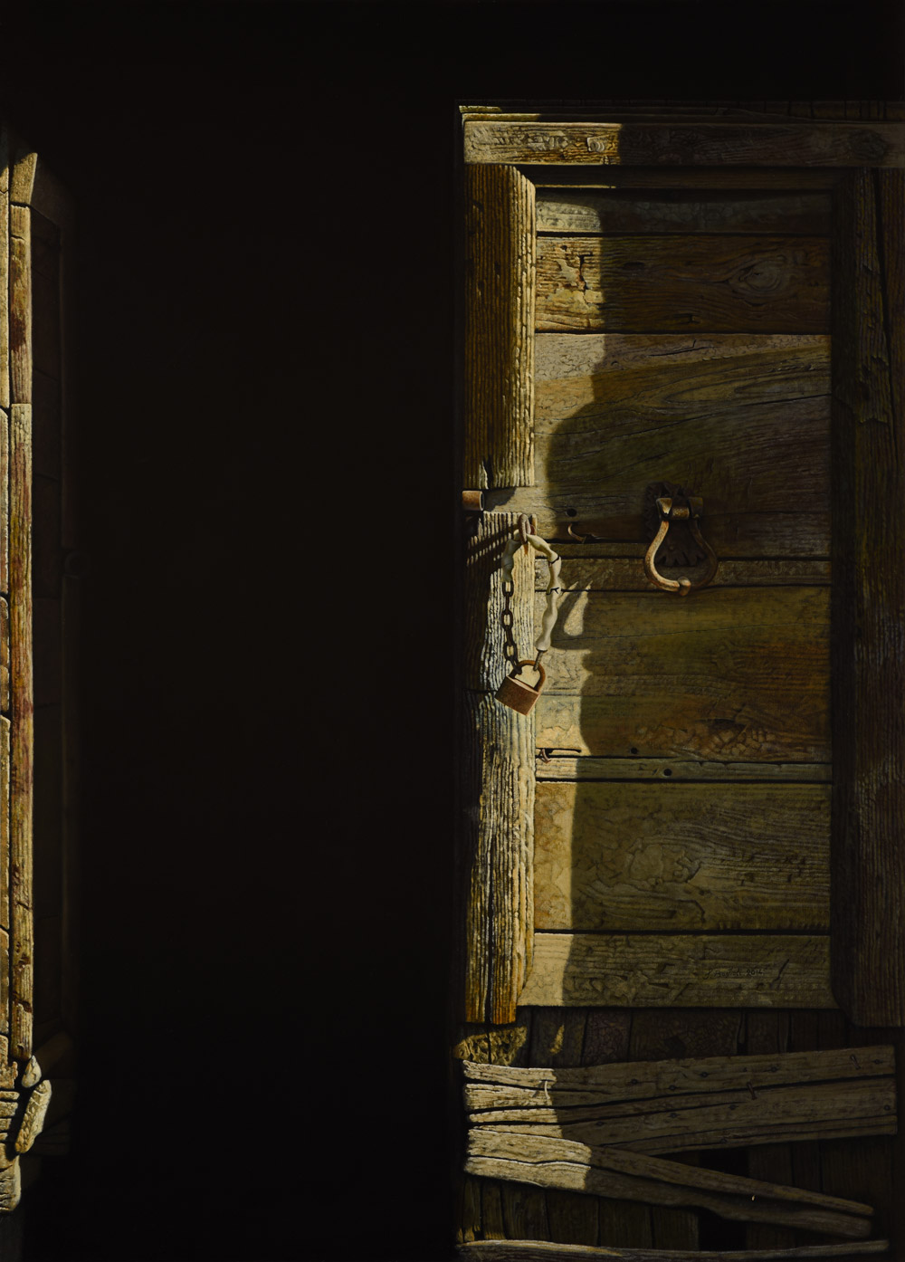 Sandro Bastioli. Pittore iperrealista italiano: opera raffigurante porta in penombra. Opera dall'incredibile realismo materico.