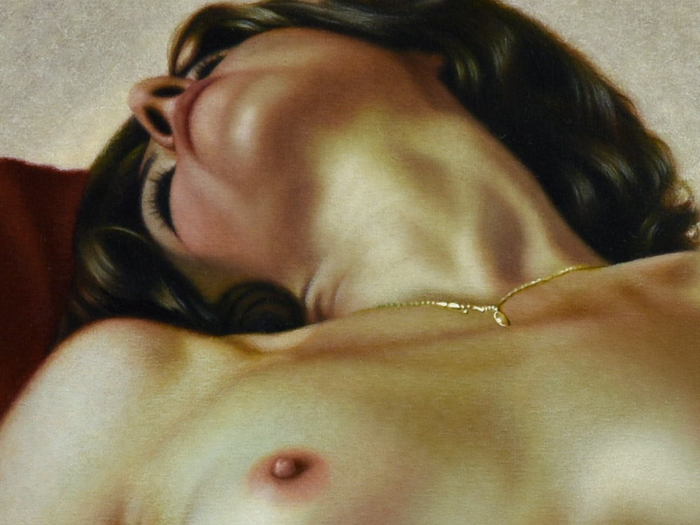 Sandro Bastioli. Oil on canvas painting: artwork depicting nude woman on sofa. A painting characterized by extraordinary visual rendering. Detail 1