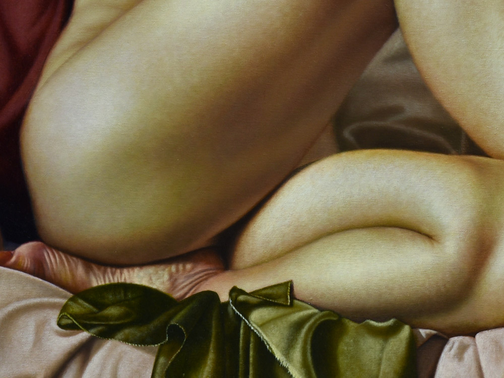 Sandro Bastioli. Oil on canvas painting: artwork depicting nude woman on sofa. A painting characterized by extraordinary visual rendering. Detail 2