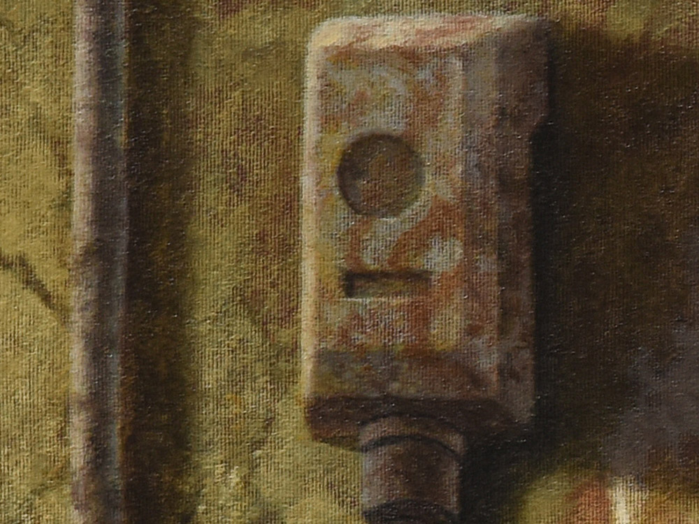 Sandro Bastioli. Quadro olio su tela: opera raffigurante muro contatore. Dipinto caratterizzato da una resa visiva straordinaria. Dettaglio 1