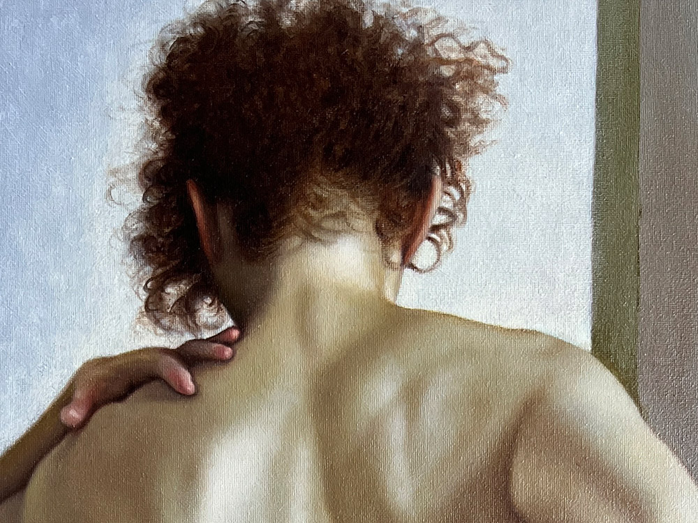 Sandro Bastioli. Italian hyperrealistic painter: artwork depicting nude back wooden cabinet. A painting that enhances the beauty and delicacy of the human figure. Detail 1