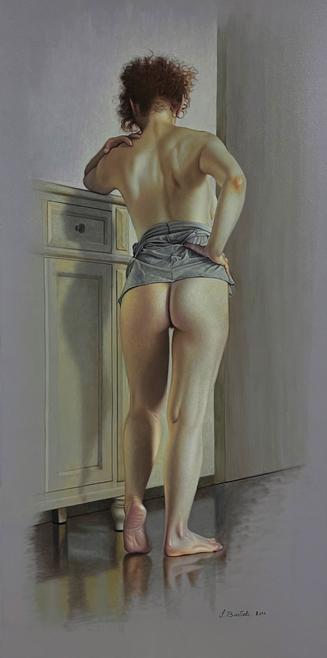 Sandro Bastioli. Italian hyperrealistic painter: artwork depicting nude back wooden cabinet. A painting that enhances the beauty and delicacy of the human figure.