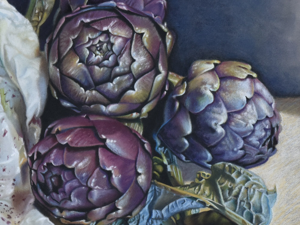 Sandro Bastioli. Pastel composition: natural architectures of artichokes and cabbage leaves. An artwork dominated by cold tones and pure elegance. Detail 2