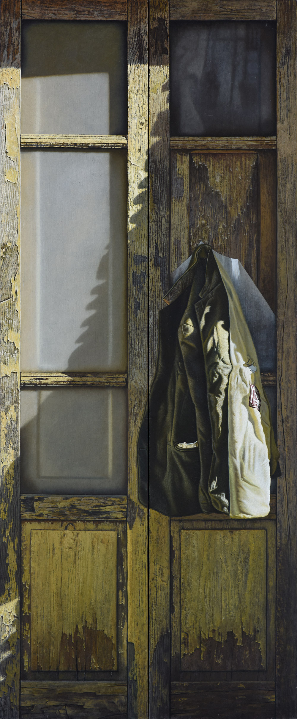 Sandro Bastioli. Quadro iperrealista olio su tela: opera raffigurante portone giacca. Un capolavoro di tecnica pittorica e cura del dettaglio.