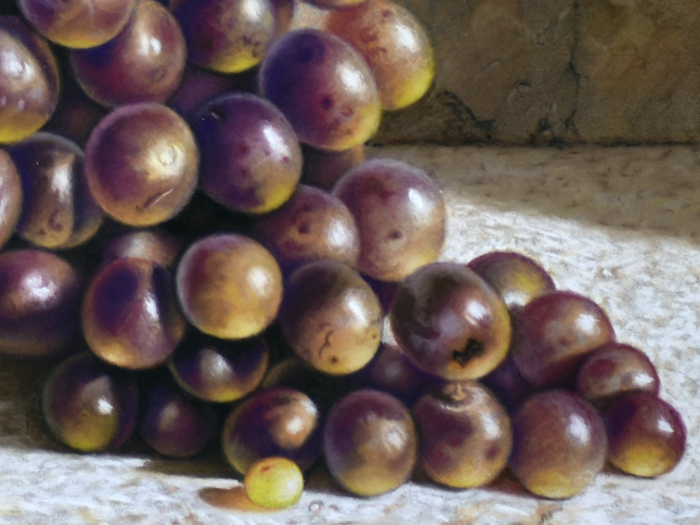 Sandro Bastioli. Hyperrealistic pastel painting: bunch of grapes illuminated by the sun on a mineral base. Extraordinary transparency of the grapes. Detail 2