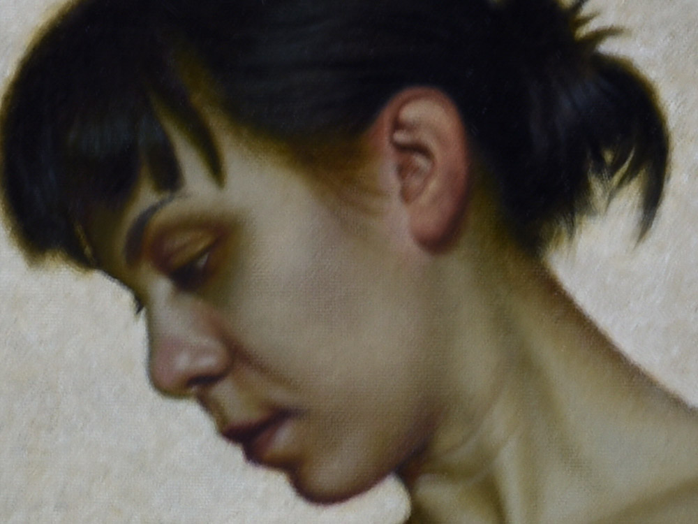 Sandro Bastioli. Hyperrealistic oil on canvas painting: artwork depicting standing nude woman. A masterpiece of pictorial technique and anatomical attention to detail. Detail 1