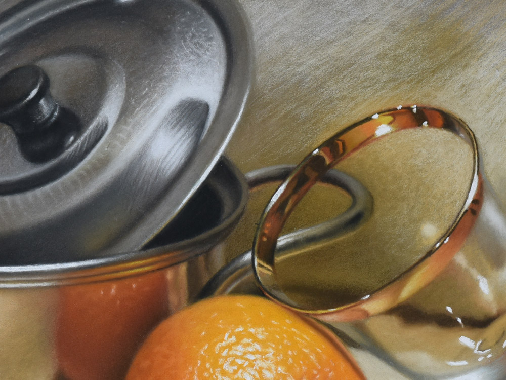 Sandro Bastioli. Domestic still life in pastel: steel pot, chalices and fruit. Technical virtuosity in the rendering of metallic flashes. Detail 2