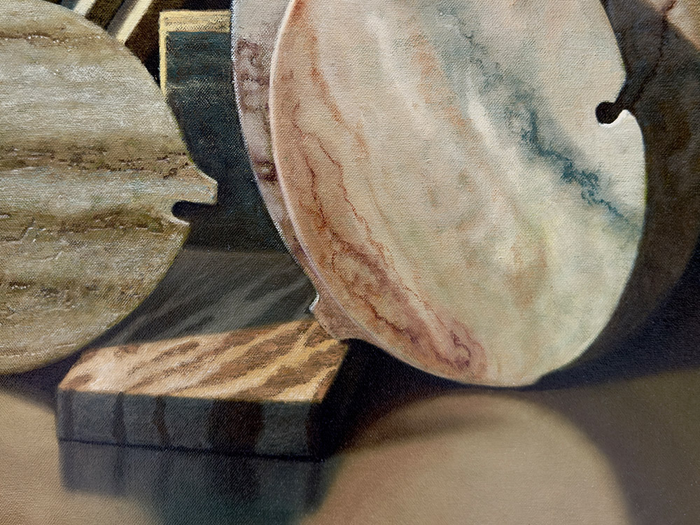 Sandro Bastioli. Contemporary oil on canvas painting: artwork depicting small circles. A fascinating optical illusion created with masterful brushstrokes. Detail 2.