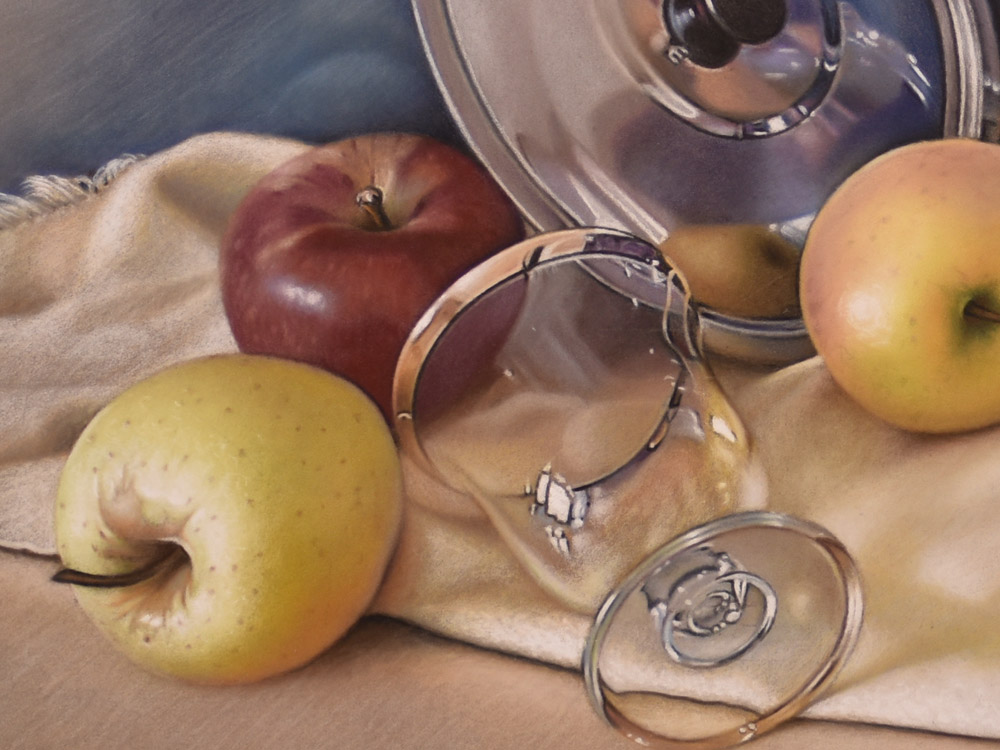 Sandro Bastioli. Contemporary pastel: play of mirrors between metal lids, crystal and fruit. A symphony of visual distortions and light. Detail 1