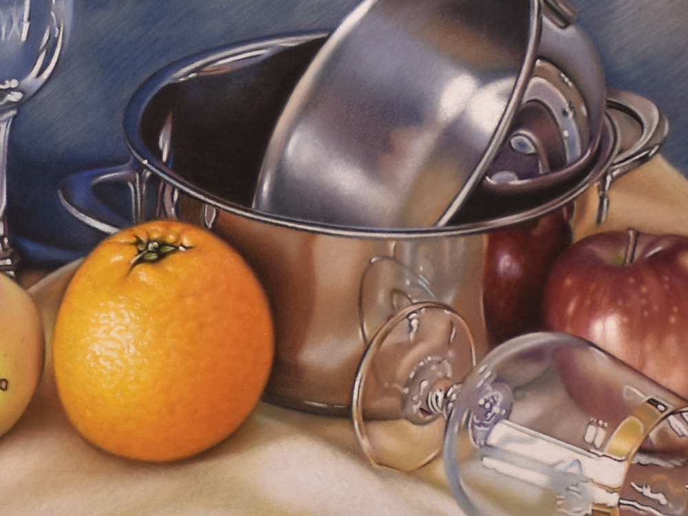 Sandro Bastioli. Contemporary pastel: play of mirrors between metal lids, crystal and fruit. A symphony of visual distortions and light. Detail 2