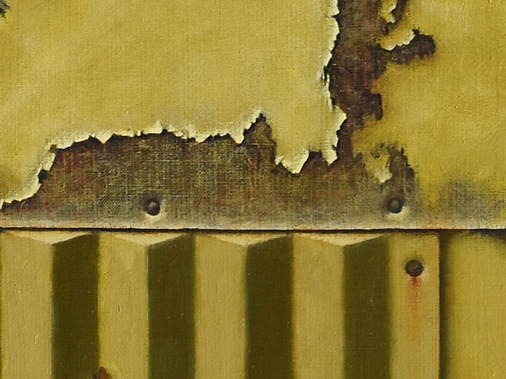 Sandro Bastioli. Contemporary oil painting: artwork depicting sheet metal door. A canvas that transforms everyday subjects into pure visual poetry. Detail 1