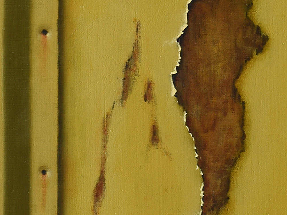 Sandro Bastioli. Contemporary oil painting: artwork depicting sheet metal door. A canvas that transforms everyday subjects into pure visual poetry. Detail 2