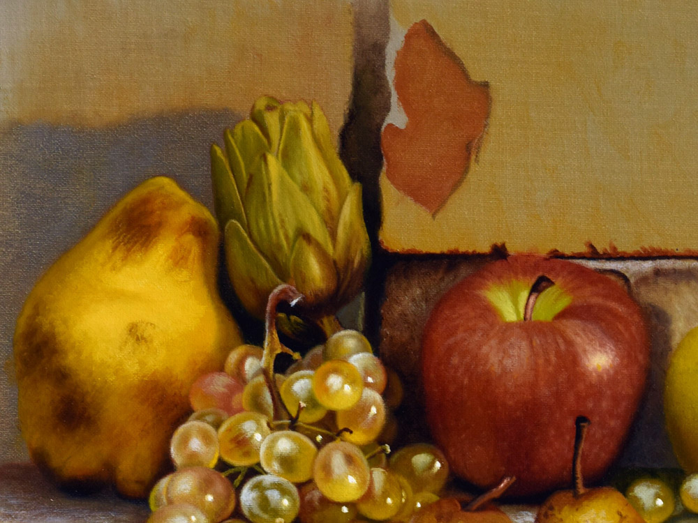 Sandro Bastioli. Oil on canvas still life painting: apples and pomegranates on a soft cloth. Perfect recall to the great classical pictorial tradition. Detail 1