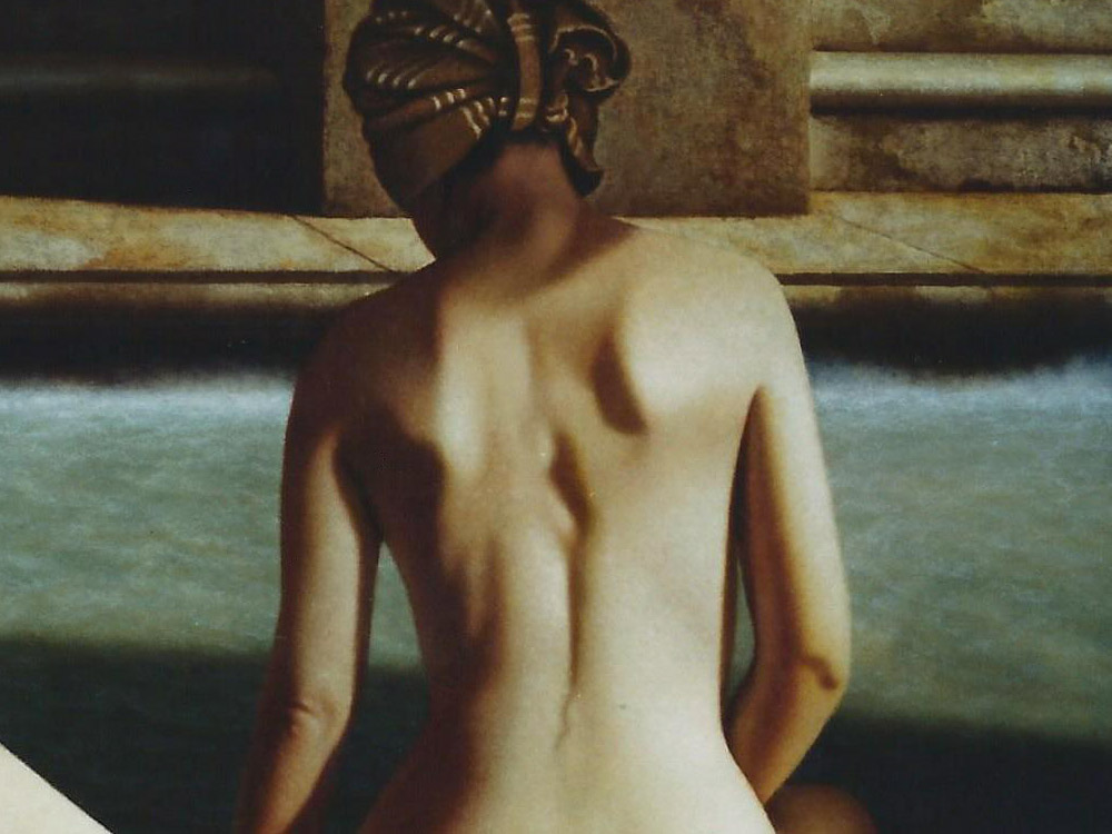 Sandro Bastioli. Olio su tela iperrealismo: opera raffigurante tre nudi femminili terme. Una sublime interpretazione iperrealista del nudo classico e contemporaneo. Dettaglio 2