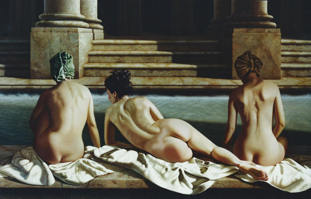 Sandro Bastioli. Olio su tela iperrealismo: opera raffigurante tre nudi femminili terme. Una sublime interpretazione iperrealista del nudo classico e contemporaneo.
