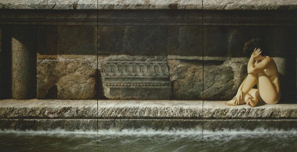Sandro Bastioli. Quadro di un pittore iperrealista: opera raffigurante nudo femminile solitario trittico. Composizione che spicca per la sua perfezione fotografica ed emozionale.