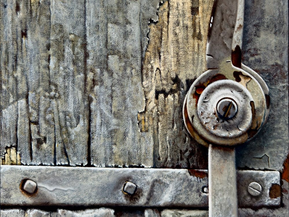 Sandro Bastioli. Painting by a hyperrealistic painter: artwork depicting grey door. An artwork of incredible material realism. Detail 1
