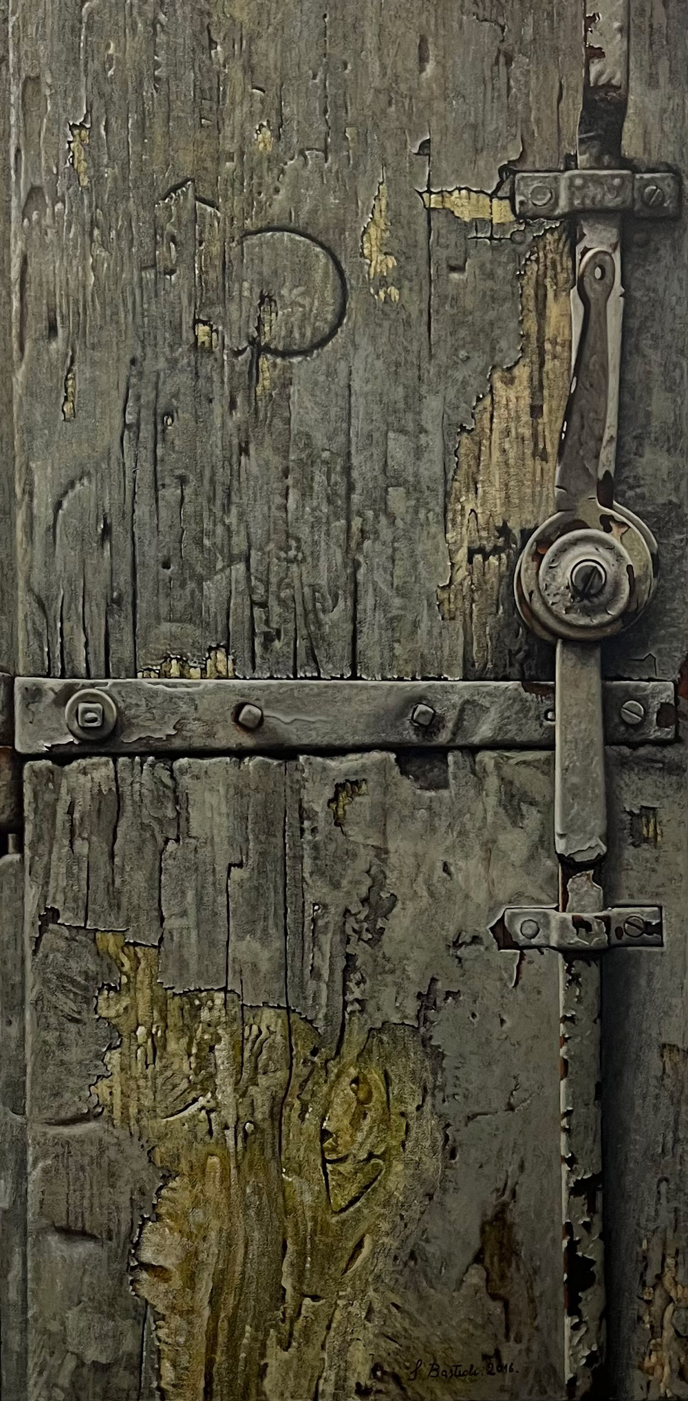 Sandro Bastioli. Painting by a hyperrealistic painter: artwork depicting grey door. An artwork of incredible material realism.