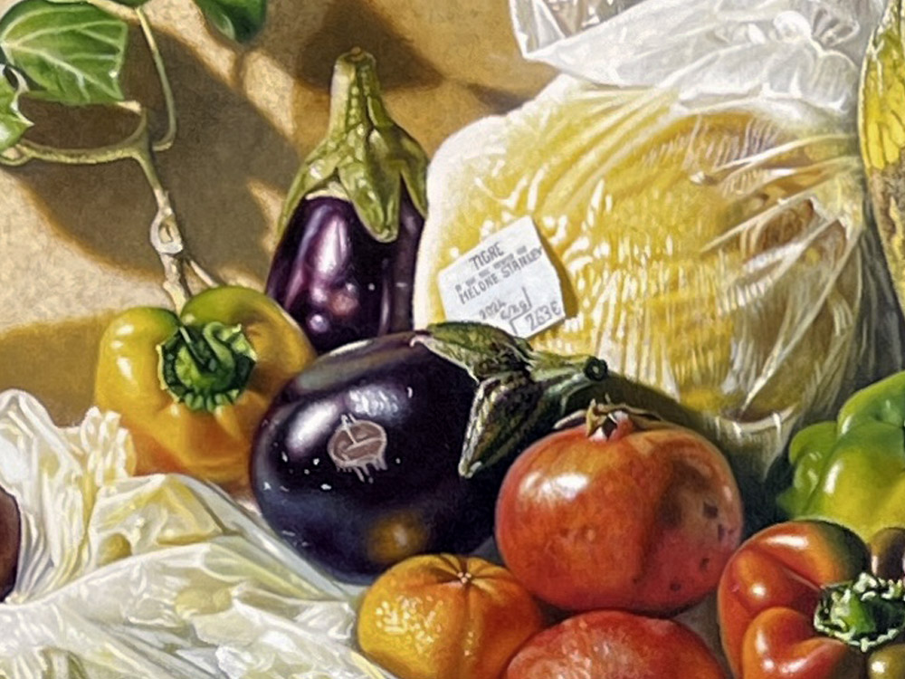 Sandro Bastioli. Contemporary oil on canvas painting: Tigre grocery bag on ancient stone. Visual paradox elevating consumerism to a monument. Detail 1