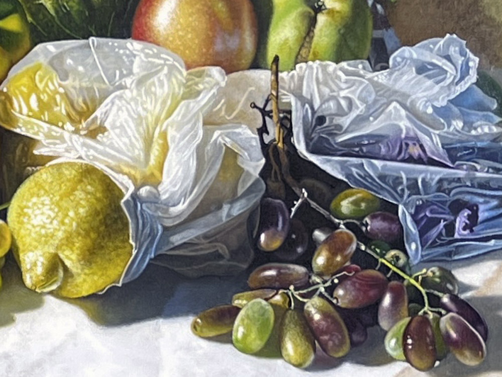 Sandro Bastioli. Contemporary oil on canvas painting: Tigre grocery bag on ancient stone. Visual paradox elevating consumerism to a monument. Detail 2