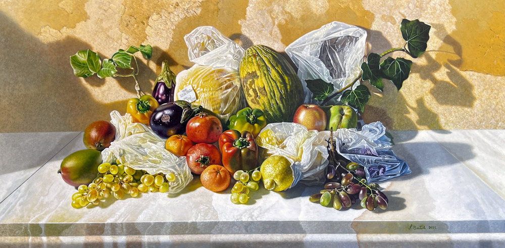 Sandro Bastioli. Contemporary oil on canvas painting: Tigre grocery bag on ancient stone. Visual paradox elevating consumerism to a monument. Interior