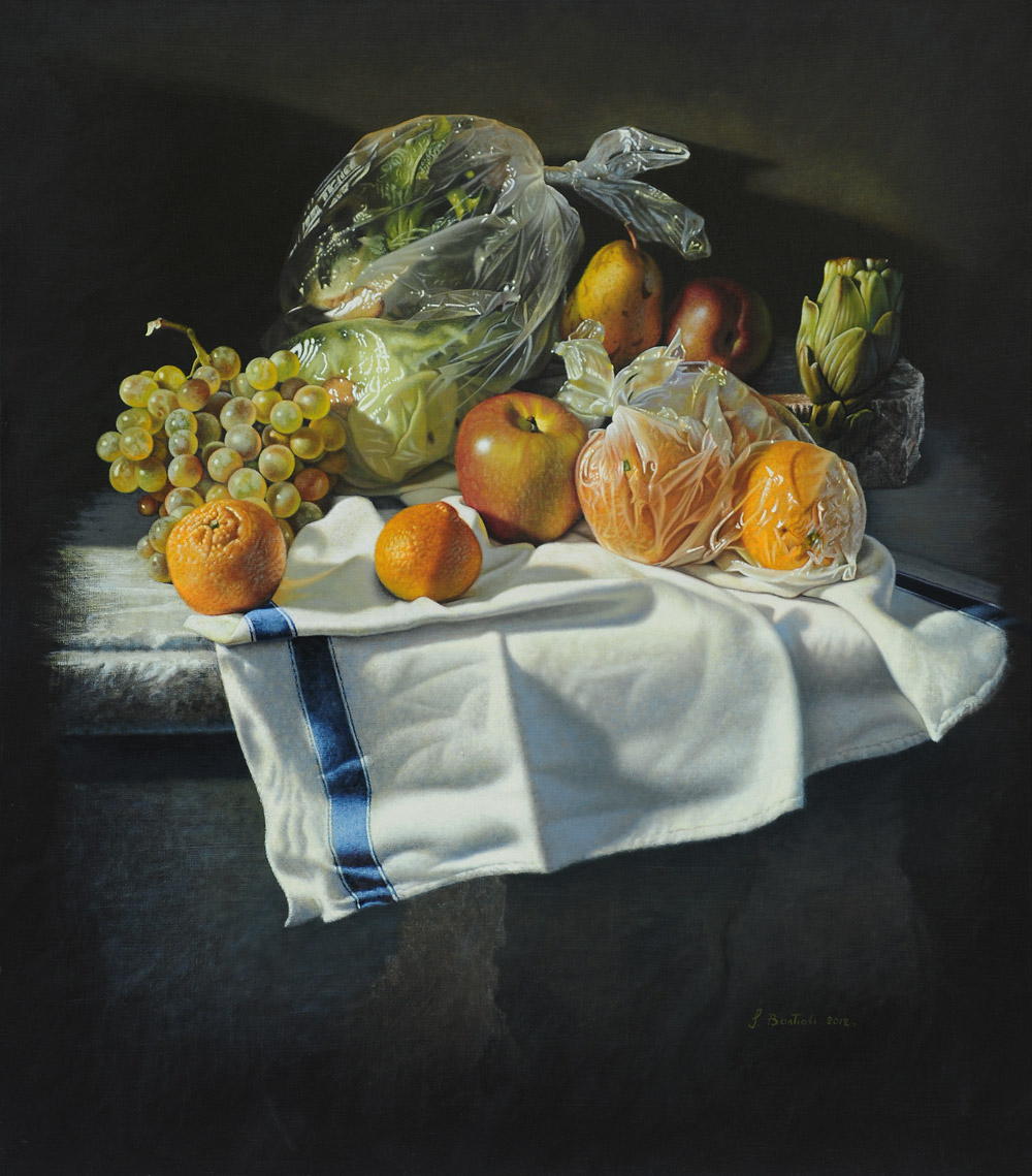 Sandro Bastioli. Hyperrealistic still life: fruit in plastic on a white drape with dark background. Theatrical lighting of incredible emotional impact.