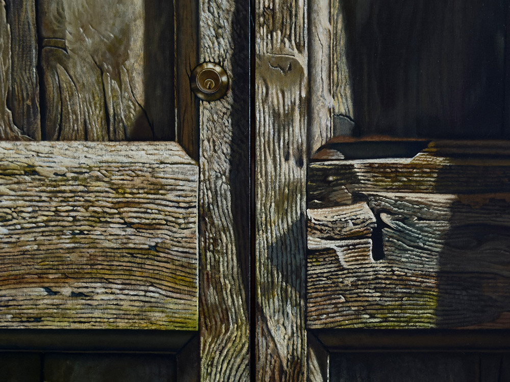 Sandro Bastioli. Italian contemporary painter: artwork depicting double doors. A painting that enhances the details of matter worn by time. Detail 1