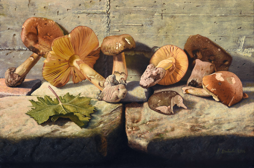 Sandro Bastioli. Dipinto iperrealista italiano: natura morta con funghi autunnali. Un capolavoro di equilibrio tra forma organica e architettura.