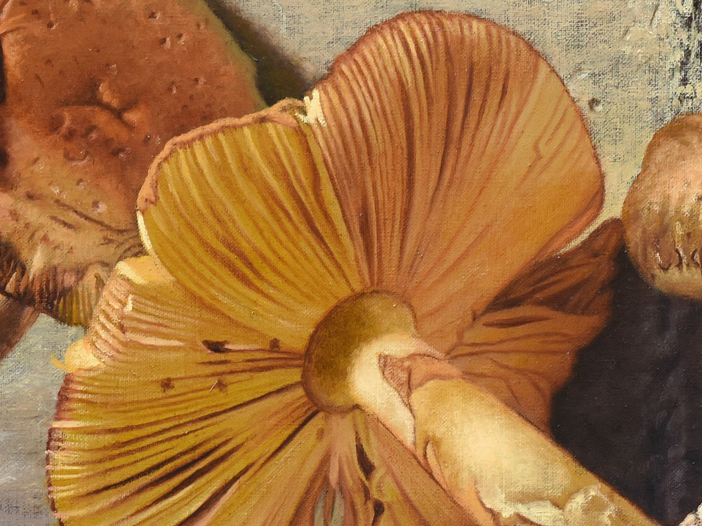 Sandro Bastioli. Italian hyperrealistic painting: still life with autumn mushrooms. A masterpiece of balance between organic form and architecture. Detail 1