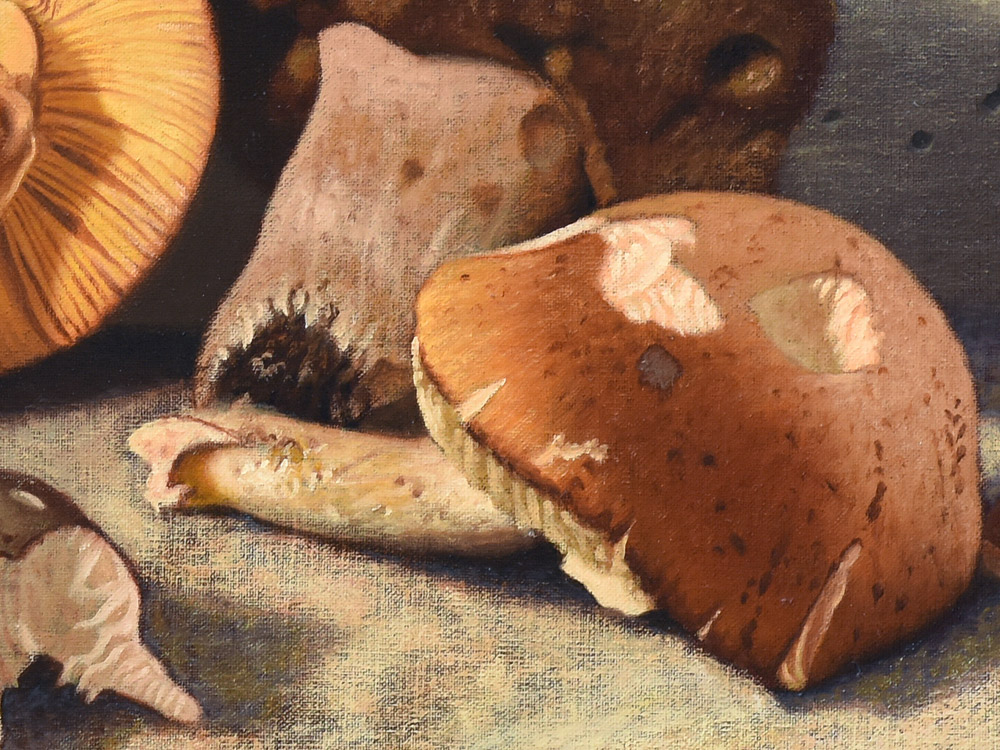 Sandro Bastioli. Italian hyperrealistic painting: still life with autumn mushrooms. A masterpiece of balance between organic form and architecture. Detail 2