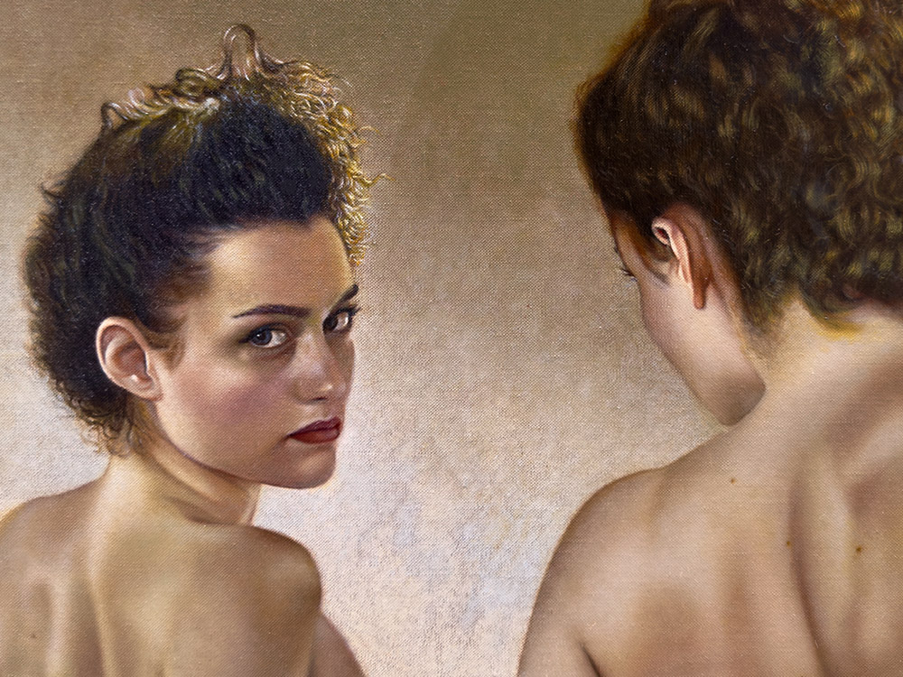 Sandro Bastioli. Hyperrealistic oil on canvas painting: artwork depicting female nude in the mirror. A painting characterized by extraordinary visual rendering. Detail 1