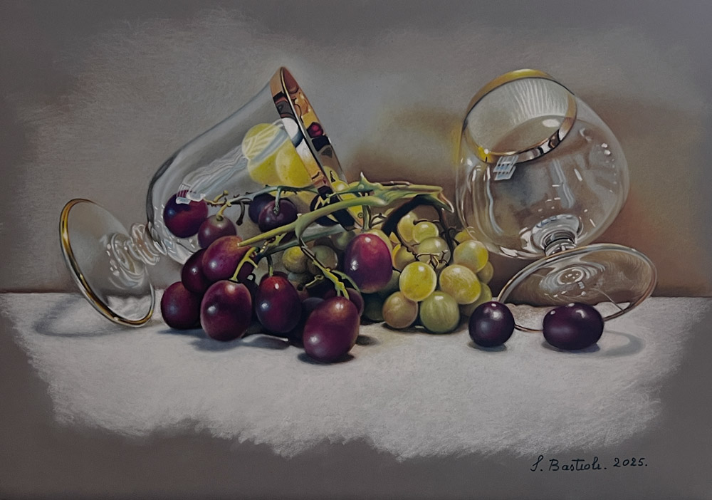 Sandro Bastioli. Still life pastel: overturned crystal chalices and red grapes. Excellent optical illusion of transparencies and distortions.