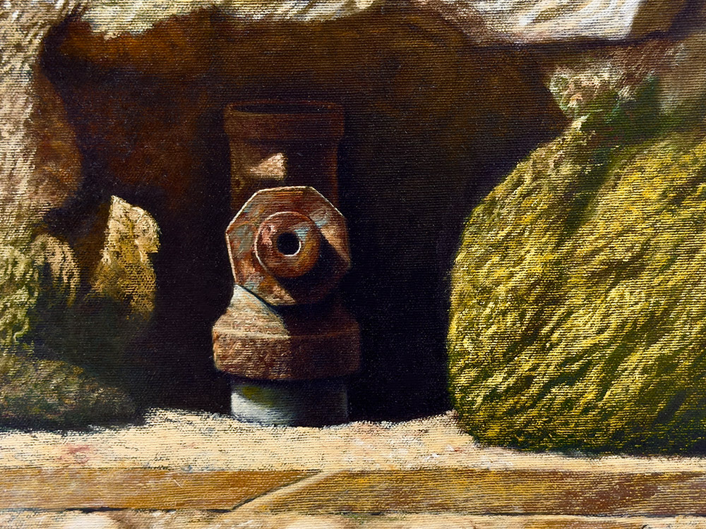 Sandro Bastioli. Oil on canvas painting: artwork depicting gas wall. A masterpiece of pictorial technique and attention to detail. Detail 1