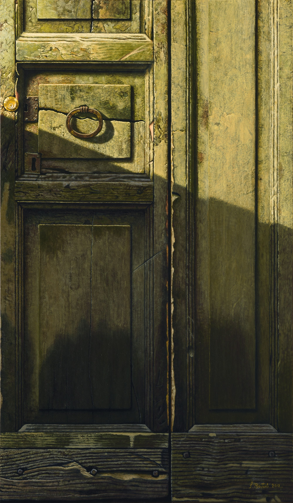 Sandro Bastioli. Pittore iperrealista italiano: opera raffigurante porta antica. Affascinante illusione ottica creata con sapienti pennellate.