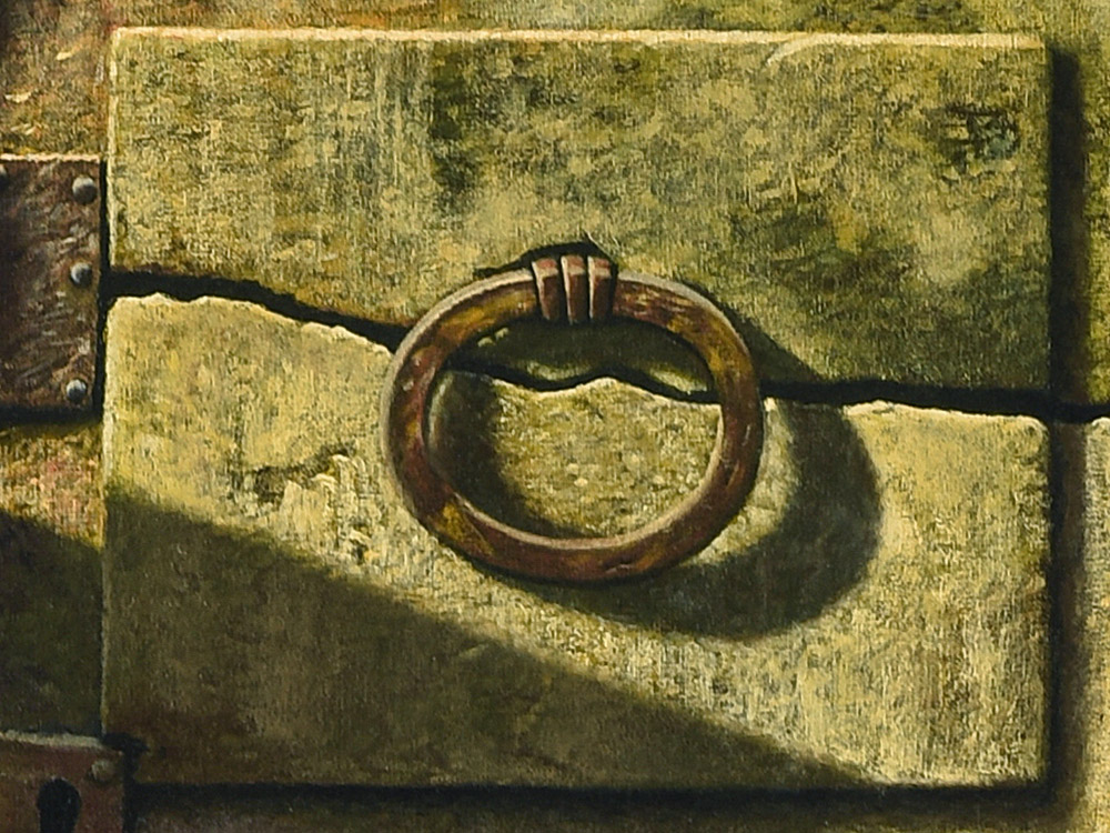 Sandro Bastioli. Italian hyperrealistic painter: artwork depicting ancient door. A fascinating optical illusion created with masterful brushstrokes. Detail 1