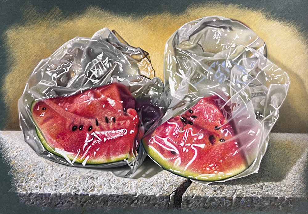 Sandro Bastioli. Contemporary hyperrealistic pastel painting: watermelon slices wrapped in cling film. Brilliant contrast of material textures. Interior