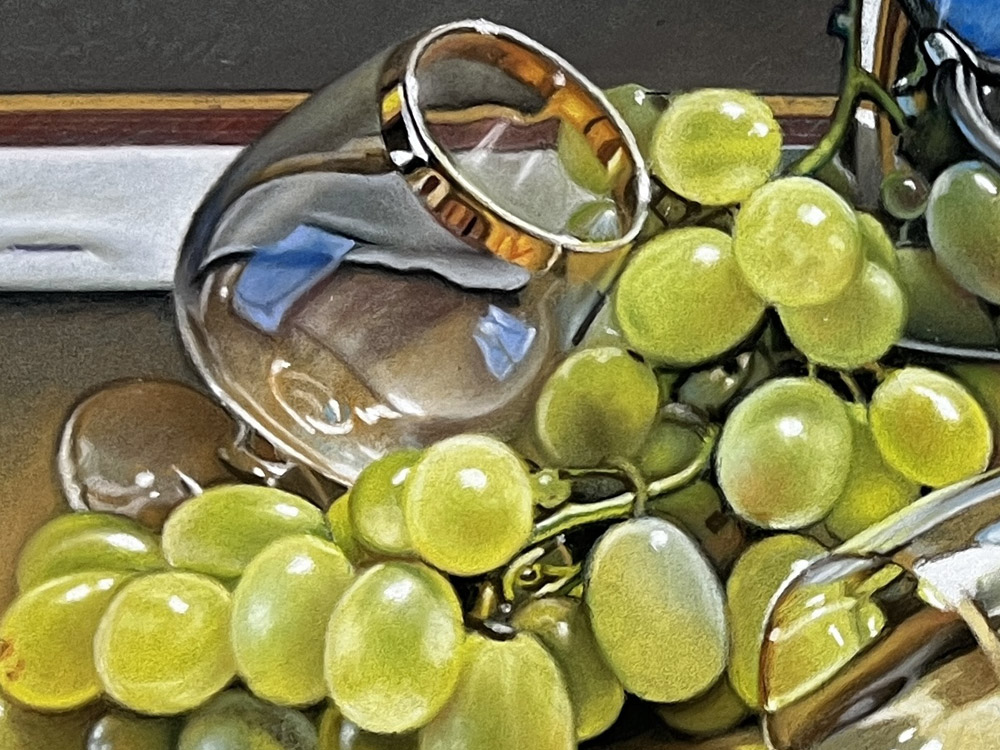 Sandro Bastioli. Pastel still life: chalices and light grapes. Absolute technical virtuosity exploring the complex geometry of glass and light. Detail 1