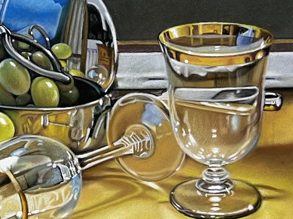 Sandro Bastioli. Pastel still life: chalices and light grapes. Absolute technical virtuosity exploring the complex geometry of glass and light. Detail 2