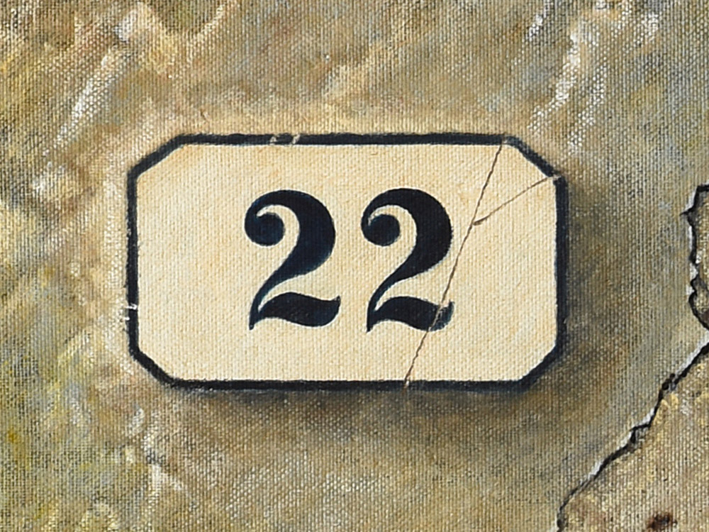 Sandro Bastioli. Contemporary oil painting: artwork depicting wall number. A composition that stands out for its photographic perfection. Detail 1.