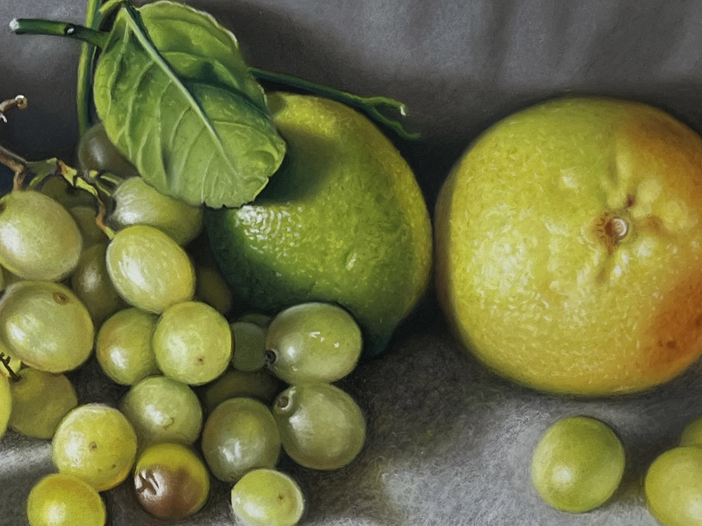 Sandro Bastioli. Classical pastel: lemons, oranges and tomatoes on white fabric. Mediterranean colors conveying warmth and absolute peace. Detail 2