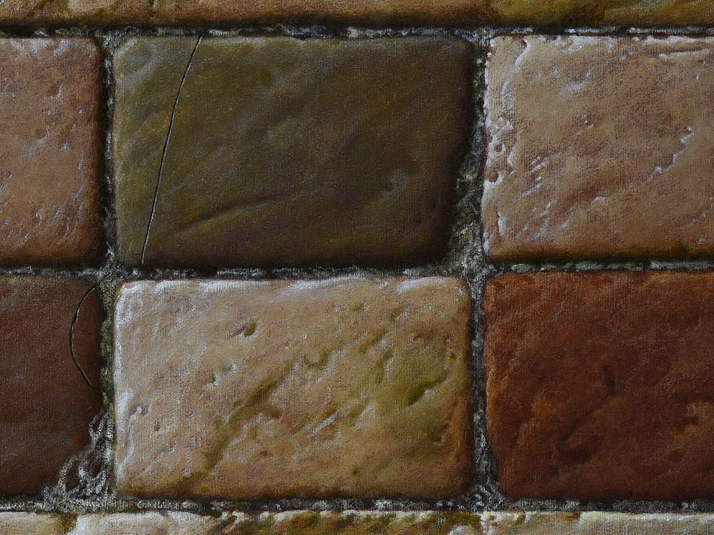 Sandro Bastioli. Oil on canvas hyperrealism: artwork depicting rectangle paving. A painting characterized by extraordinary visual rendering. Detail 1