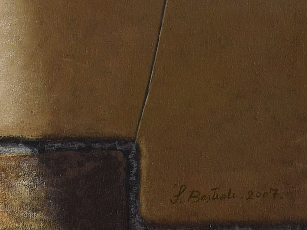 Sandro Bastioli. Pittore contemporaneo italiano: opera raffigurante pavimento rombi. Affascinante illusione ottica creata con sapienti pennellate. Dettaglio 2