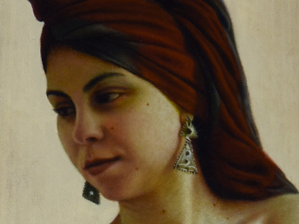 Sandro Bastioli. Contemporary oil on canvas painting: artwork depicting nude woman turban. A painting that enhances the beauty and delicacy of the human figure. Detail 1