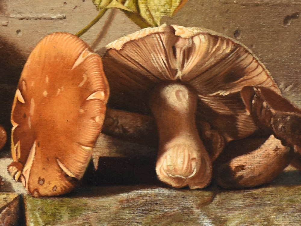 Sandro Bastioli. Quadro contemporaneo olio su tela: composizione di funghi in perfetta armonia con le venature della pietra fredda. Dettaglio 2